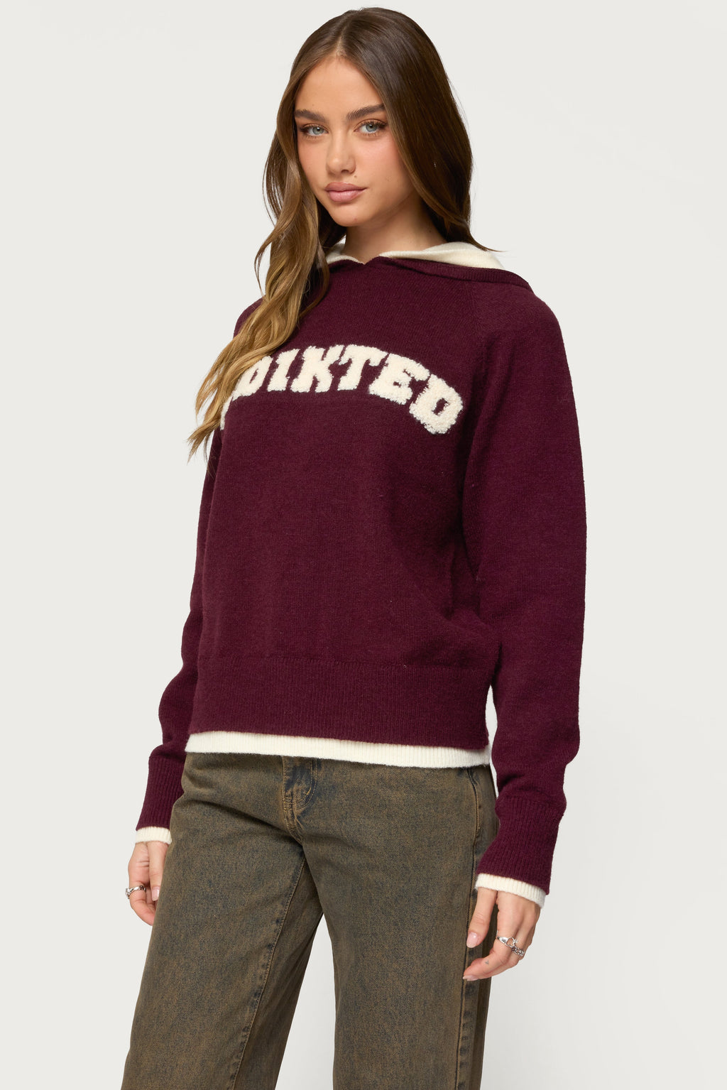 Edikted Varsity Contrast Layered Knit Hoodie