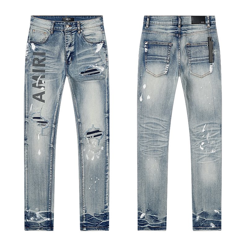 Amiri Light Blue Distressed Leg Print Jeans